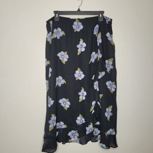 Vintage y2k 90s black purple floral cascading ruffle Midi skirt size large